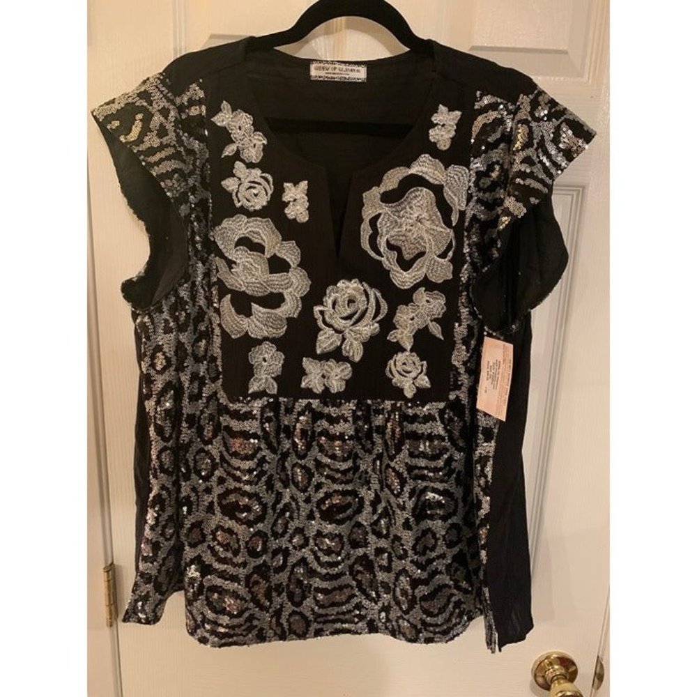 Giddy Up Glamour Boutique Embroidered and Sequin Top Plus Size 2XL